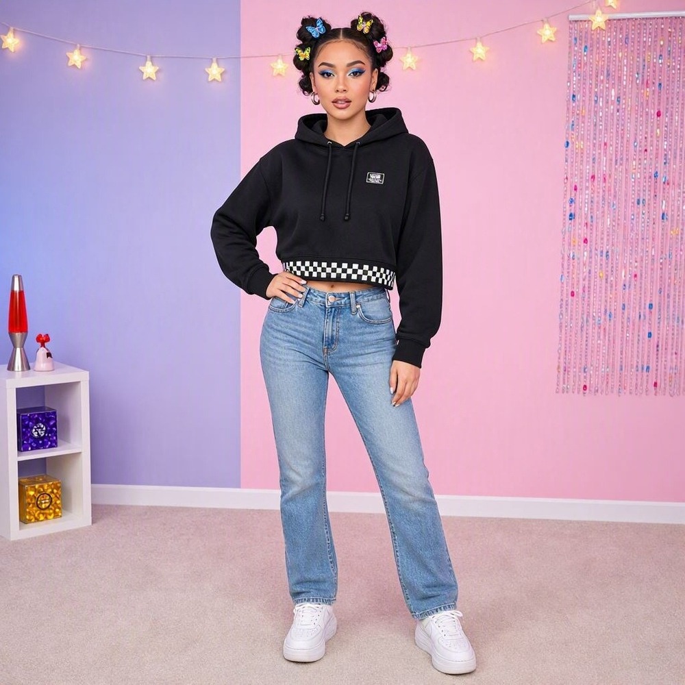 Y2K Grunge Cropped Hoodie Streetwear Skater Checkerboard Vans Small Black